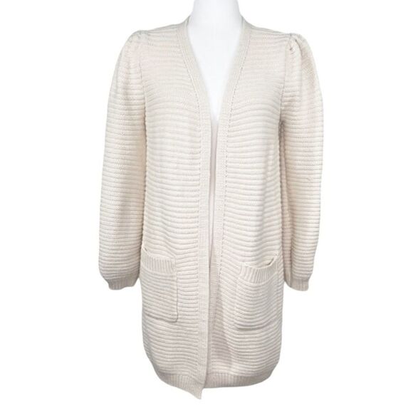 Chunky Knit Pleated Shoulder Long Cardigan Cream Small Medium - Picture 1 of 6